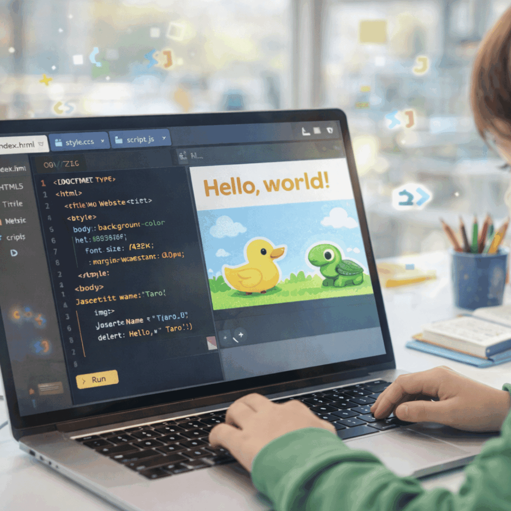 ゲーム学習の先にWebページ制作やプログラミング言語に触れられる学習ステップ
